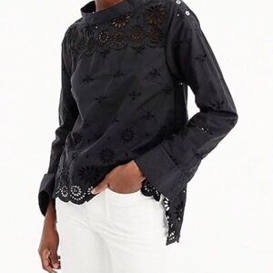 J.Crew 12 Black Eyelet Funnel Neck Hi Low Blouse Shirt Lace